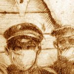 Pencil sketch of First World War soldiers with gazmask in trench