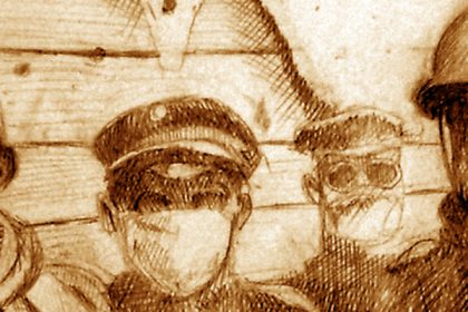 Pencil sketch of First World War soldiers with gazmask in trench