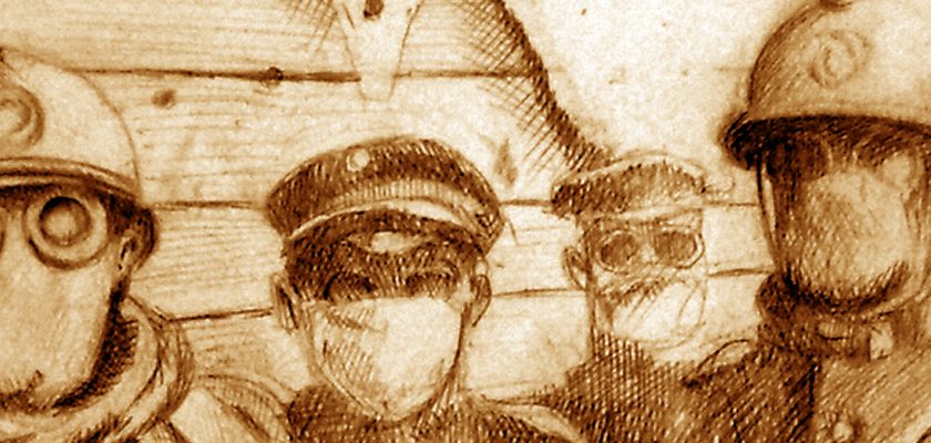 Pencil sketch of First World War soldiers with gazmask in trench