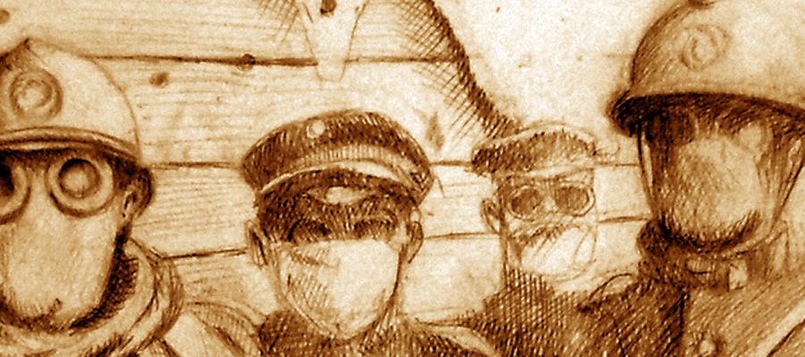 Pencil sketch of First World War soldiers with gazmask in trench