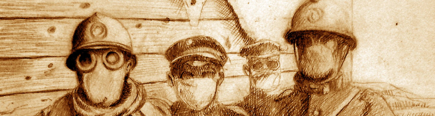 Pencil sketch of First World War soldiers with gazmask in trench