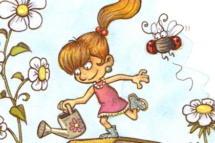 Springtime! Girl standing on a pile of books giving water to flowers - inspired by @crdagabi