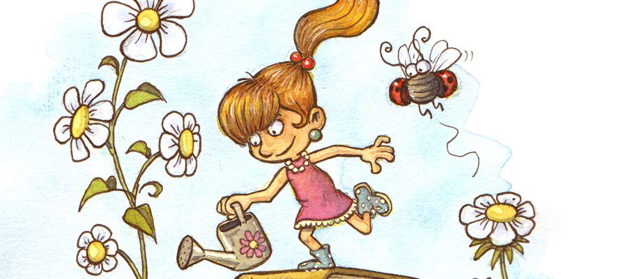 Springtime! Girl standing on a pile of books giving water to flowers - inspired by @crdagabi
