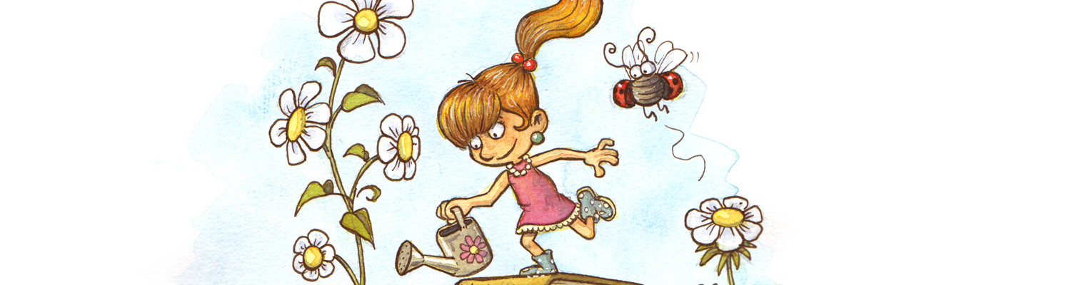 Springtime! Girl standing on a pile of books giving water to flowers - inspired by @crdagabi