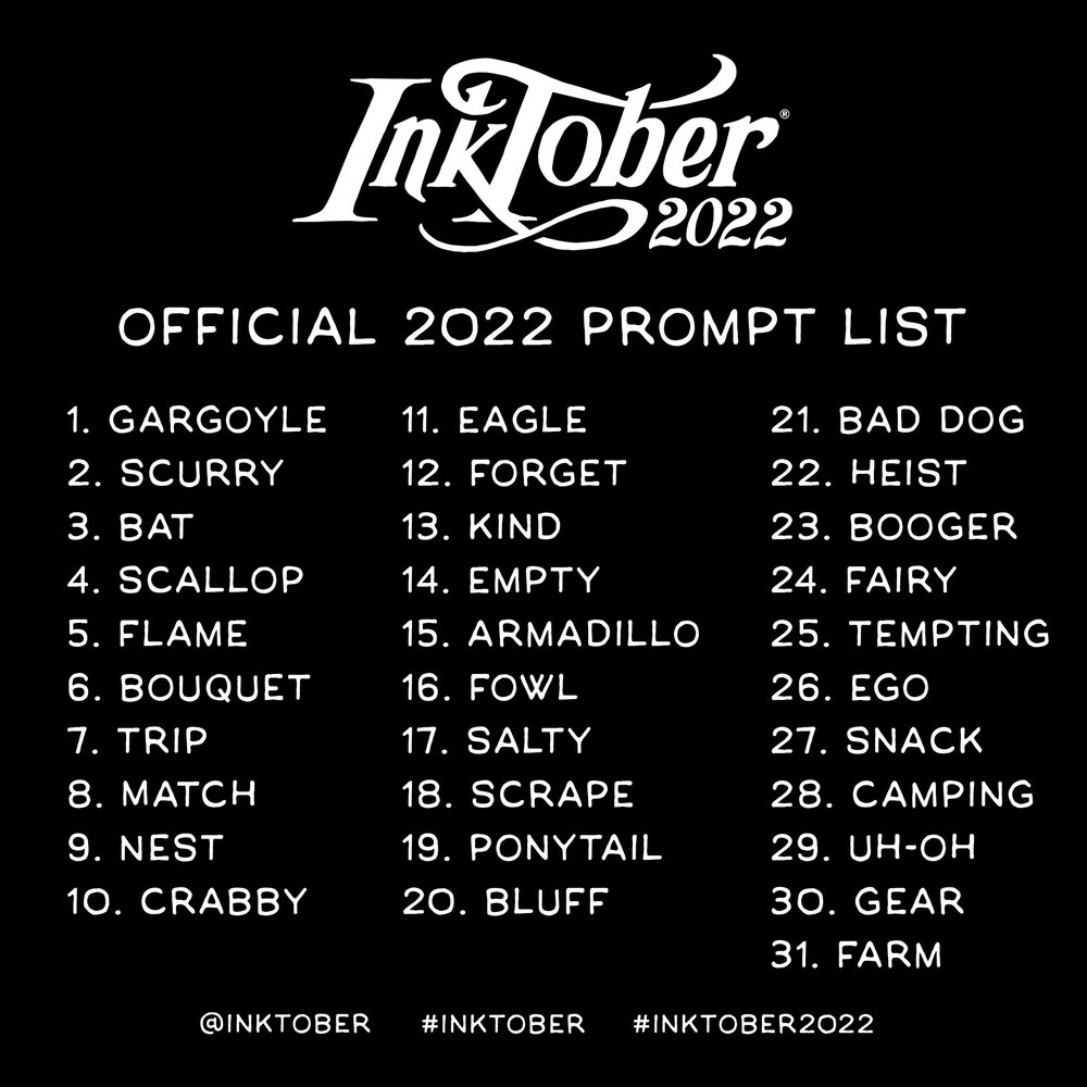 The official 2022 Inktober prompt list that one might follow to deliver an inked illustration every day, that I also turn into a painting.