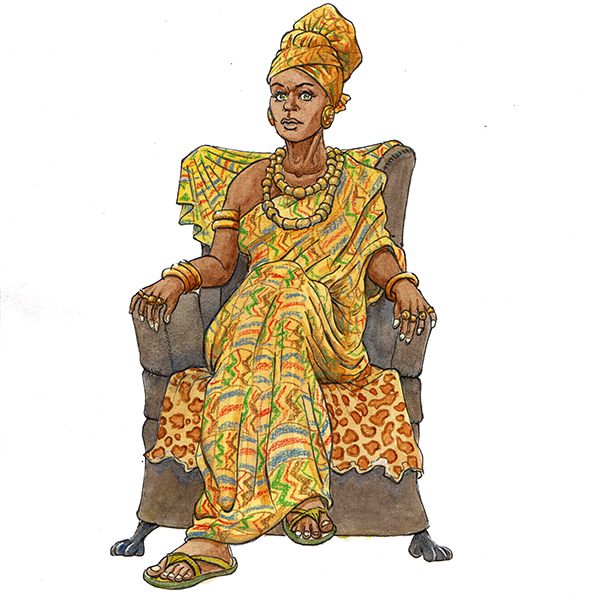 Watercolour painting of African Ashanti woman sitting on a chair. Painted by Kreativosaurus (Ivo De Wispelaere)