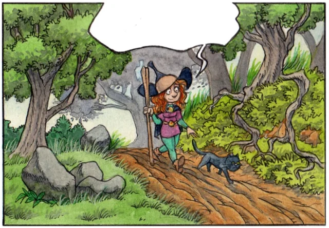 What is Amandine saying???? Leave it in the comments (or not, if you are in a lazy or uninspired mood!!!)... Fragment of my second comic. Made in watercolour... 
#inktober  #witchtober #ink #witch #sketchbook #girl #fun #happy  #art #sketch #drawing #funny #dailyart  #artwork #illustration #instaart #instart #painting #watercolor #aquarelle  #bd #comic #bandedessinée